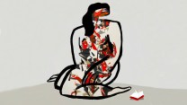 An abstract painting of a female form kneeling on the floor. She is outlined in black against a beige background. Internally, are rough shards in red, black and brown. Her long black hair falls to her chest. The figure looks in front of here where sits a tiny book, which she diminishes with her significance by comparison.