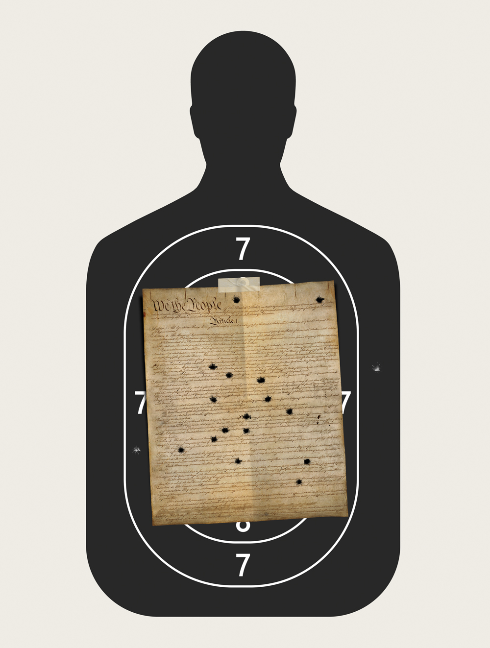 A collage that features a human target in black, the kind used at a gun range, with the US Constitution taped over it. The Constitution has 16 bullet holes.