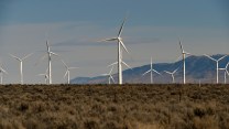 A handful of windmills spin in a cast field with mountains rising in the background.