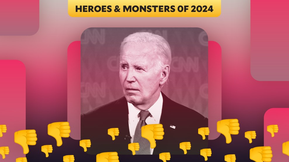 A red-tinted image of Joe Biden, with thumbs-down emojis layered on top.