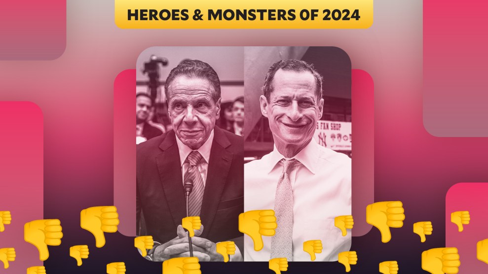 A red-tinted image of Andrew Cuomo and Anthony Weiner, with thumbs-down emojis layered on top.