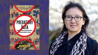 Photo collage featuring a portrait of author Anita Say Chan on the right and the cover of her book, Predatory Data, on the left.