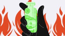 A hand in black holding a vial in front of a row of flames. Overlaying the shape of the vial is a $100 bill.