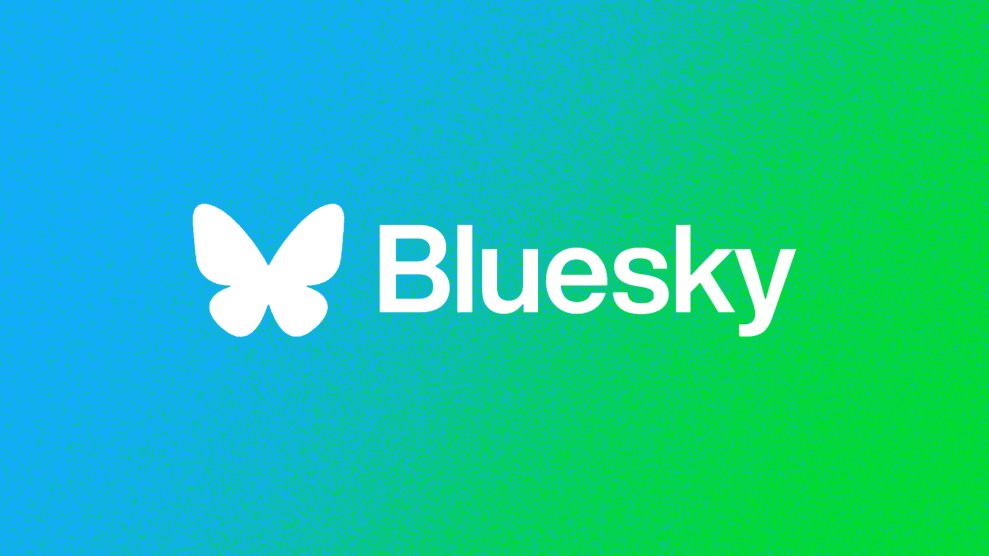 Illustration of the Bluesky logo which includes the name and a butterfly, on a blue and green gradient.