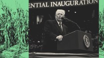 Photo collage of President Trump speaking at a podium to a large indoor crowd at his inauguration; to his left and to his right is a cornfield.