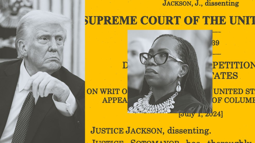 A composite image featuring President Donald Trump on the left, Supreme Court Justice Ketanji Brown Jackson in the center, and a background of a Supreme Court dissenting opinion document with her name highlighted.