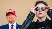 Donald Trump in a red MAGA hat and Elon Musk adjusting his sunglasses