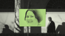 An illustration that layers two images. At the center is Amy Gleason's smiling, tightly cropped government photo in a green-and-black gradient. Behind her image in the background is an out-of-focus black-and-white photo of Donald Trump in the White House garden.