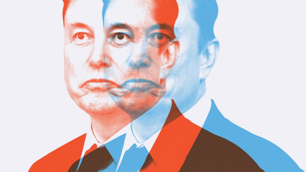 A digitally manipulated portrait of Elon Musk with overlapping red and blue color overlays, creating a double-vision effect.