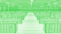 A green tinted computer data center full of server racks