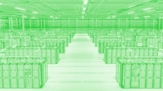 A green tinted computer data center full of server racks