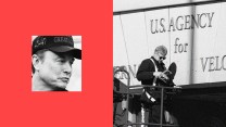 A diptych of two photos. On the right half of the image is a black-and-white photo of a worker on a lift taking down the signage outside the United States Agency for International Aid. On the left is a smaller photo tightly cropped on the face of Elon Musk in black-and-white, placed on a red background. Musk, wearing a black "Make America Great Again" hat, seemingly smirks as he looks in the direction of the worker.