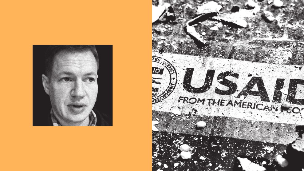 A diptych of photos featuring Marcus Thornton, a white man, speaking to the camera on the left, and a USAID logo visible on a box amid the scattered remains of boxes and materials on the right