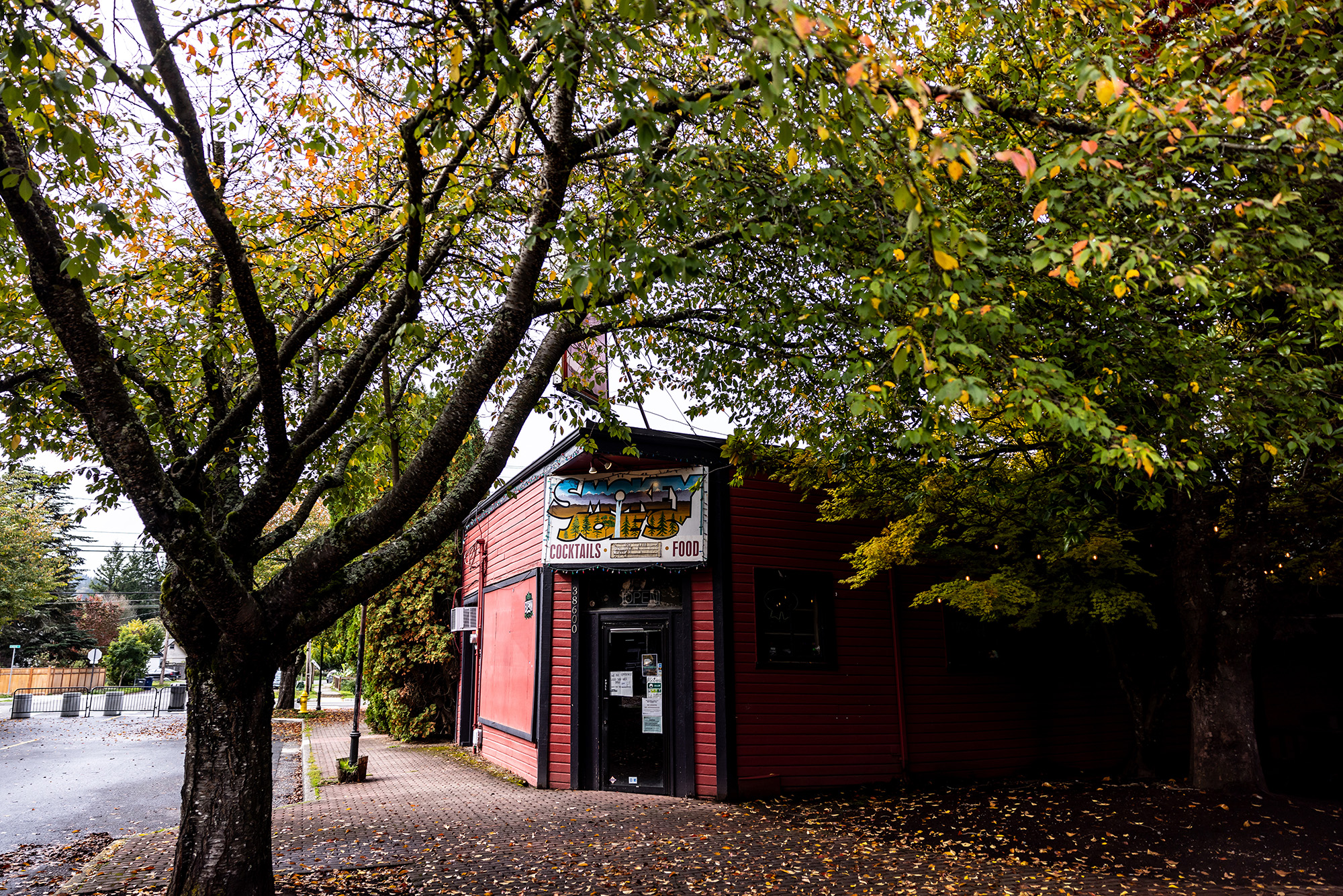 Doorway of a bar with a tree in front of it.