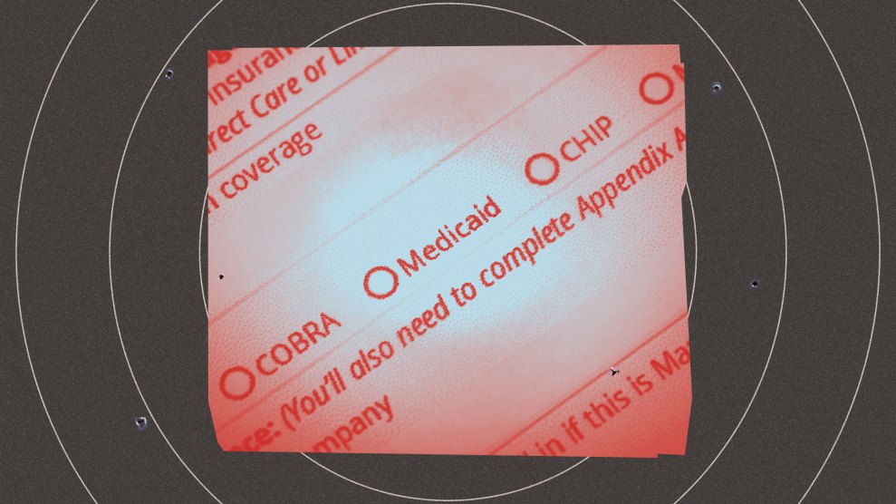 A US Healthcare / Health insurance application form focused on the word "Medicaid" The image is tinted red, cut out, and set on a background of black concentric circles resembling a target.