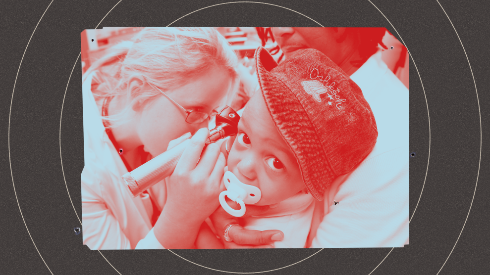 A black toddler, wearing an Oshkosh bucket hat with pacifier in mouth, looks into the camera. She's being held by her father as a ponytailed female medical practitioner leans in to examine the child's ears using an otoscope. The image is tinted red, cut out, and set on a background of black concentric circles resembling a target.