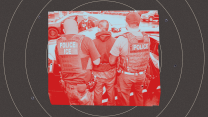 A youthful-looking man, as seen from behind, in hoodie and jeans is taken into custody by three other men wearing vests that read "POLICE" and "POLICE ICE." The image is tinted red, cut out, and set on a background of black concentric circles resembling a target.