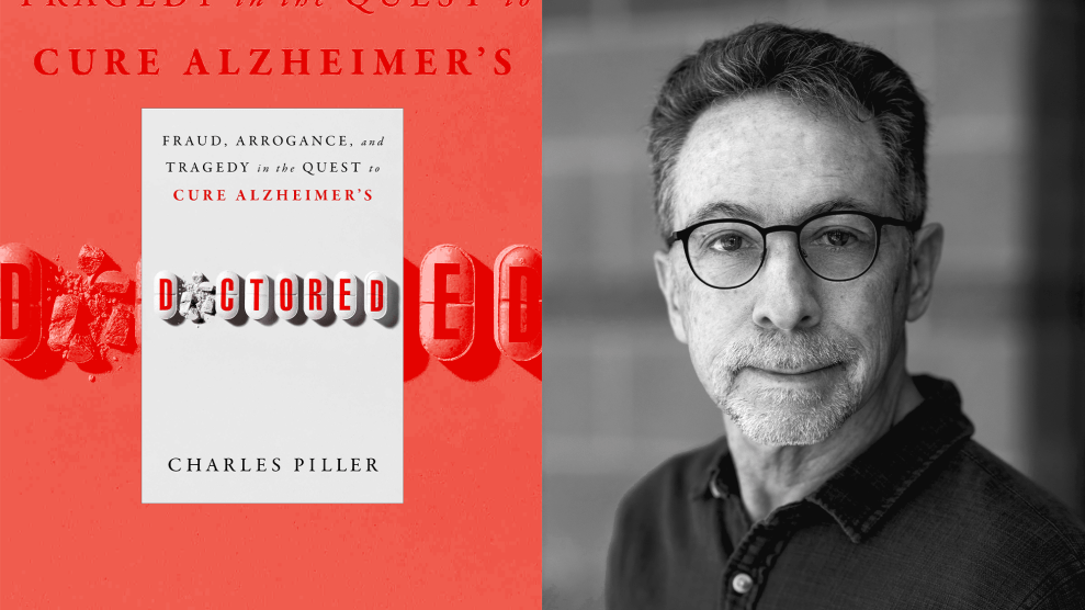 A diptych that features a photo of the author, Charles Piller, on the right side, and the book cover on the left. The author, who is middle-aged, is pictured in black and white. He has a graying stubble beard, dark wavy hair that's graying around the temples, and he is wearing black glasses and a denim button-up shirt. The book, on the left side of the image, has the deck at the very top in three lines and the author's name, Charles Piller, at the bottom in all-caps serif type. The word 'Doctored' at the center of the book is in all caps sans serif in red. Each letter of the word is written on a a capsule-shaped medicinal tablet. The second pill that would feature the letter "O" is crushed to pieces. The background behind the book is an outsized image of the book cover in gradients of red.