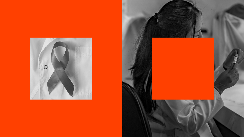 A diptych photo pairing. On the left, a black-and-white photo of lab coat with an AIDS ribbon is inset against a red background. On the right, a black-and-white photo features a woman with long black hair, a white lab coat, and latex gloves looking at a specimen in a vial. A red square centered over her face and upper torso seemingly removes a portion of her image.