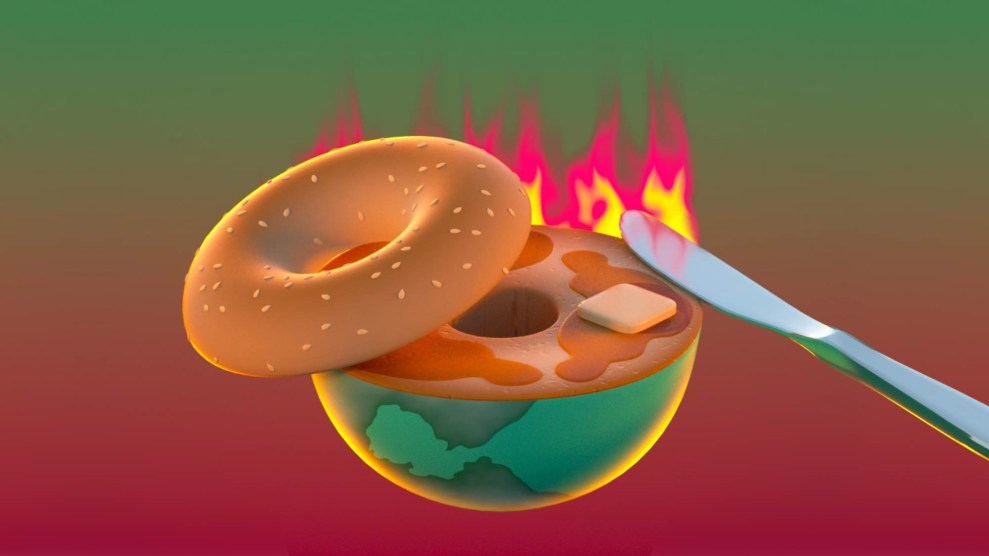 Illustration of an earth as a bagel, on fire, with a knife spreading a pad of butter.