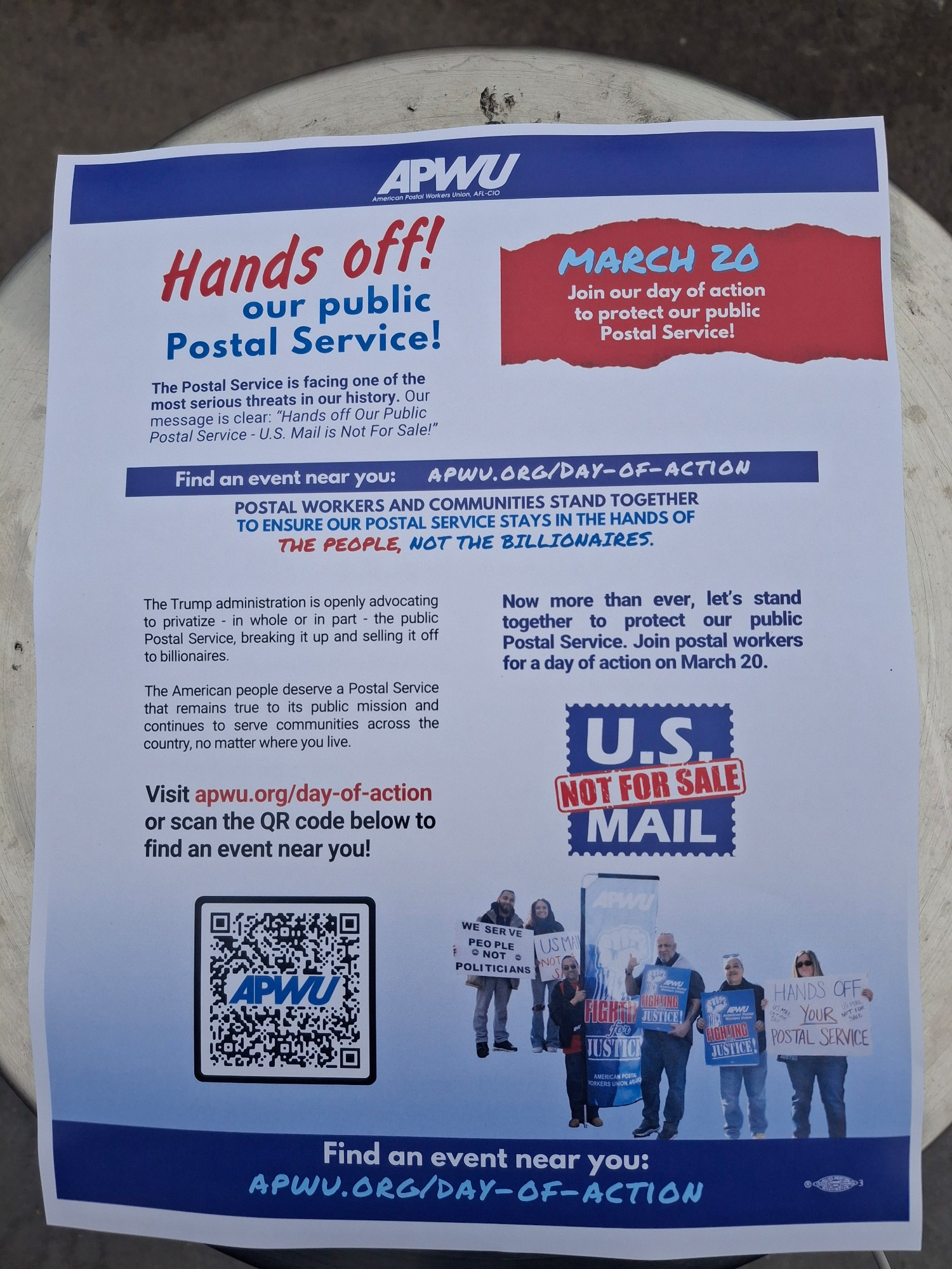 American Postal Workers Union flyer from March 20 saying, "Hands off our Postal Service!"