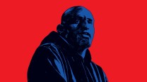 An illustration of the upper body of a bald man wearing a hooded sweatshirt. The man is blue and the background is red.
