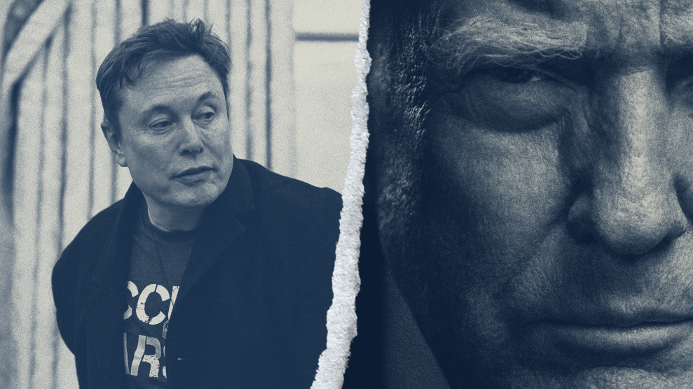 A photo illustration of Elon Musk and Donald Trump. On the left, Musk, pictured in the Oval Office, looks to our right. On the right is a tightly cropped photo of the stern face of Donald Trump.