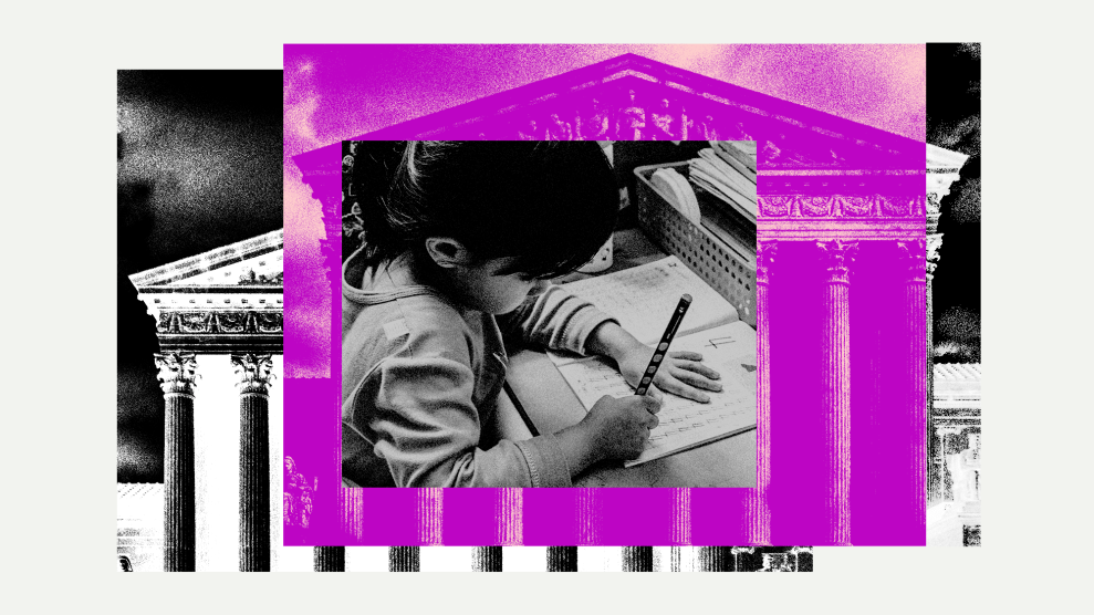 A collage in magenta, white and black of the facade of the United States Supreme Court building overlayed by a young girl working on her homework in a classroom.