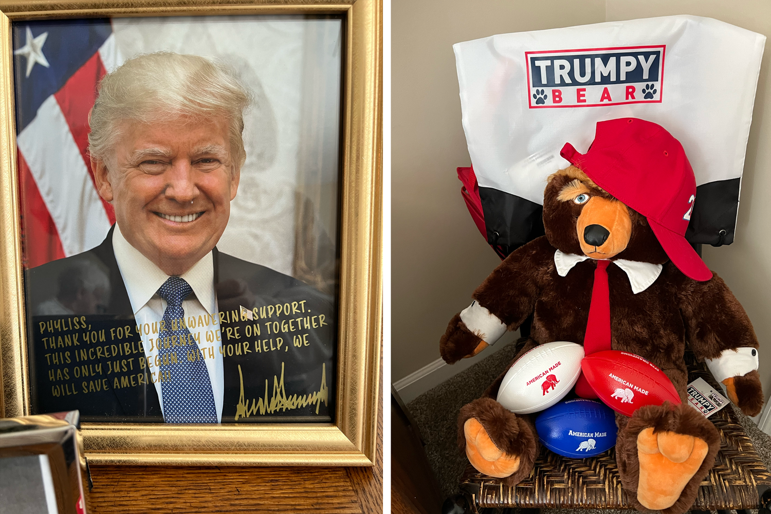A diptych of two photos. On the left is a framed photo that has Donald Trump's signature and message addressed to Phyliss. It sits in a gold frame. The picture on the right show's a bear sitting in a chair, above it hangs the words "Trumpy Bear." The brown bear wears a white collar, white cuffs and a red tie. On the bear's head sits a red hat that's turned sideways.