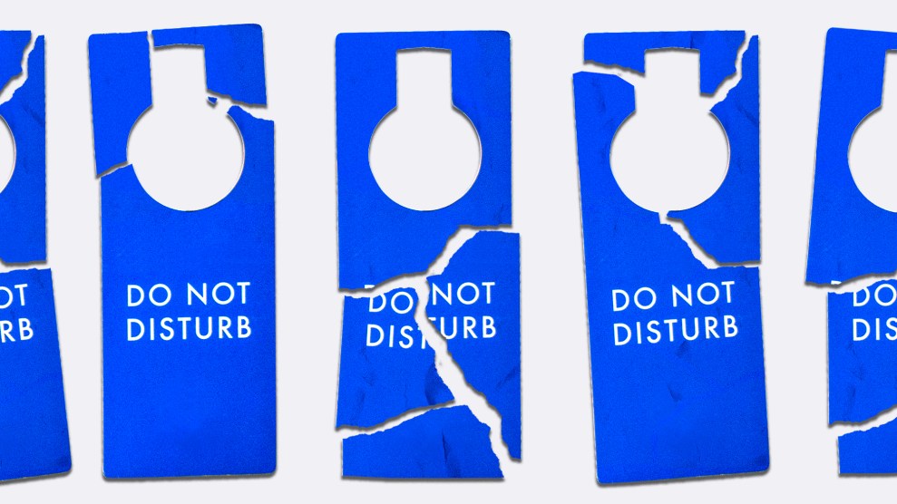 A line of "DO NOT DISTURB" hotel door signs that have been ripped to shreads