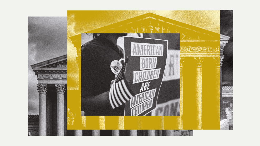 A collage in gold, white, and black of the facade of the Supreme Court building overlaid by a person holding a small American flag and a sign that reads, "American born children are American children."