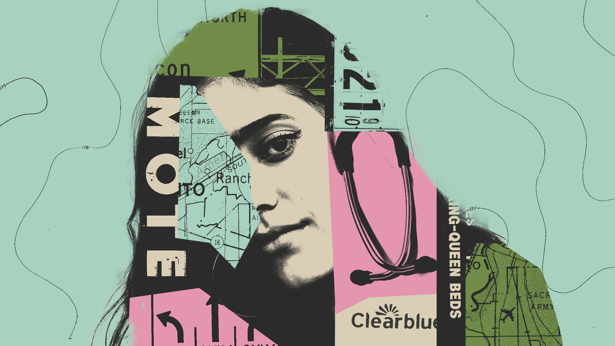 Collage of a young woman; layered in her silhouette is a motel sign, gas prices, highway signs, a map of the US, a stethoscope, and a pregnancy test.