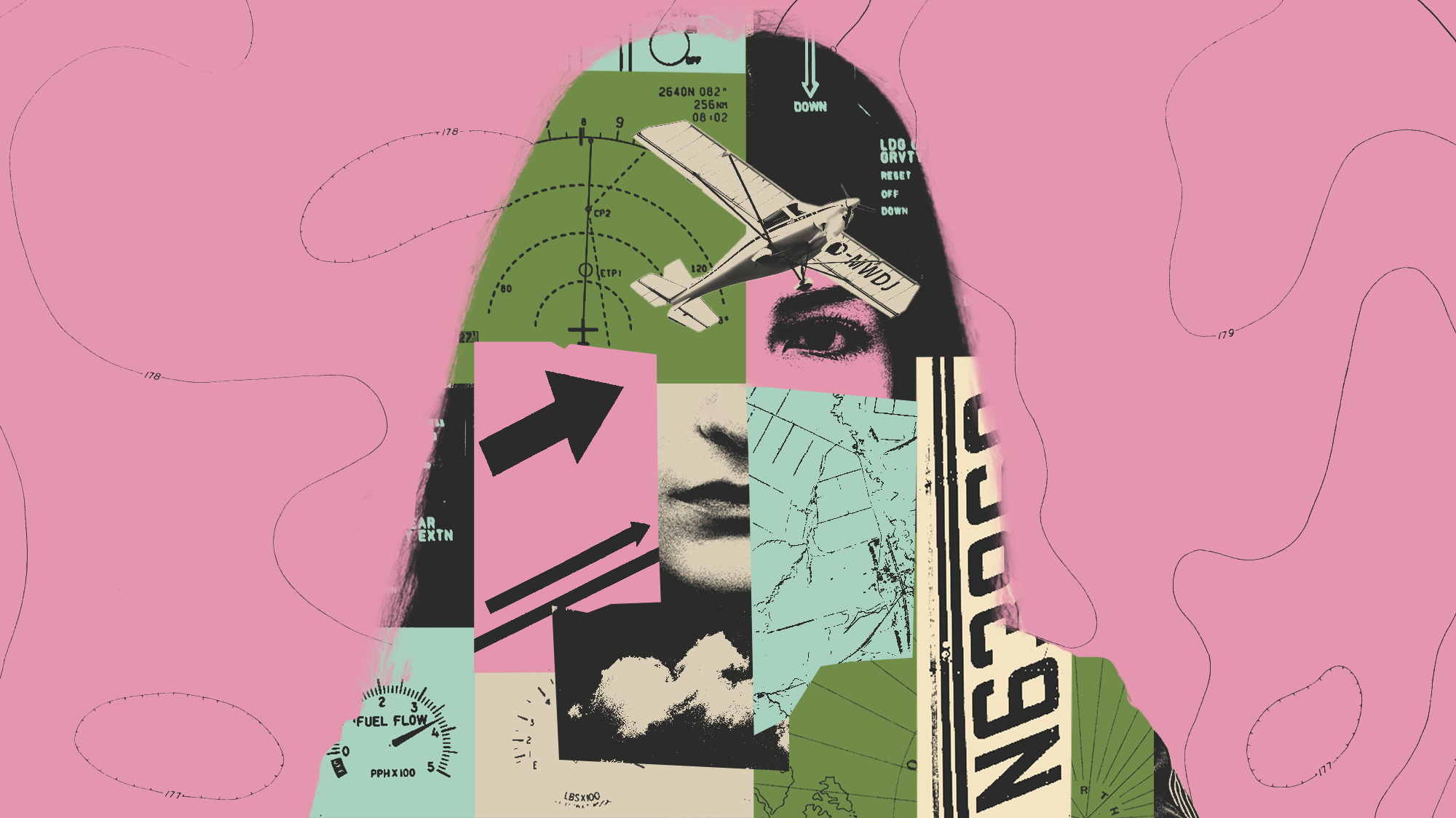 Collage of a young woman; layered in her silhouette is details from a cockpit, clouds, a topographical map, a small aircraft, and navigation symbols.