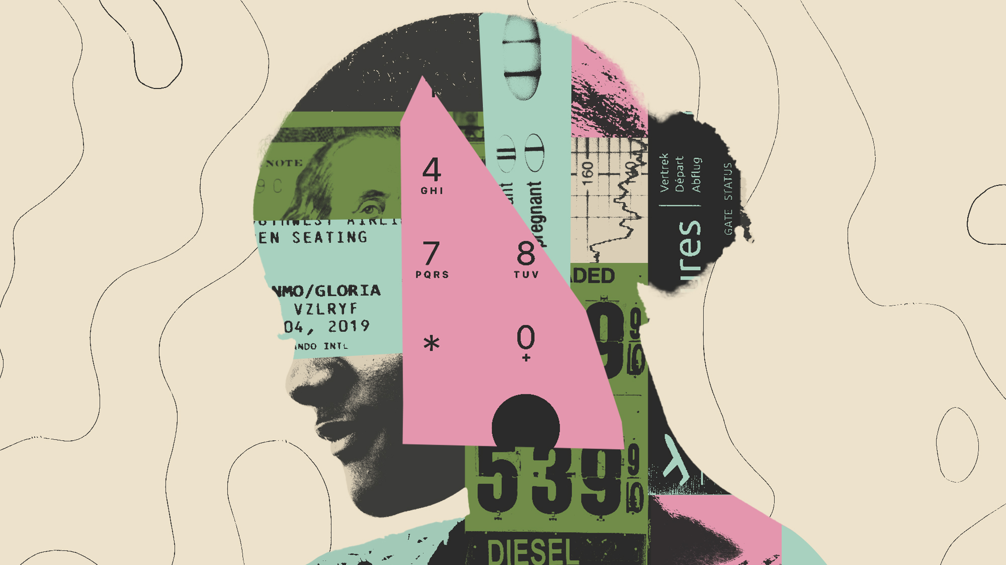 Collage of a woman; layered in her silhouette is a plane ticket, gas station prices, an EKG print out, a $100 dollar bill and a pregnancy test.