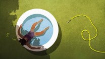 An aerial illustration of a person relaxing in a blow up pool in a green yard, some of which is shaded. There is an unfurled yellow hose in spread across the lawn.