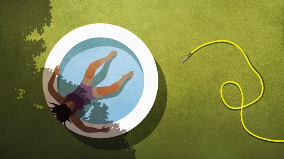 An aerial illustration of a person relaxing in a blow up pool in a green yard, some of which is shaded. There is an unfurled yellow hose in spread across the lawn.