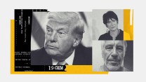 A photo collage showing portraits of Donald Trump, Ghislaine Maxwell, and Jeffrey Epstein. Overlaid on the images is text from a legal document, reading in part: "COUNT ONE (Sex Trafficking Conspiracy)" and "JEFFREY EPSTEIN, Defendant."