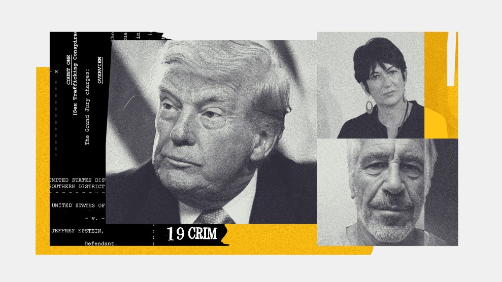 A photo collage showing portraits of Donald Trump, Ghislaine Maxwell, and Jeffrey Epstein. Overlaid on the images is text from a legal document, reading in part: "COUNT ONE (Sex Trafficking Conspiracy)" and "JEFFREY EPSTEIN, Defendant."