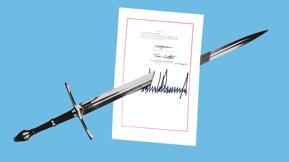 Photo illustration of a long sword piercing through a Congressional bill, signed by President Trump