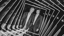 Copies of a black and white photo of Jeffrey Epstein and Donald Trump posing together at Mar-a-Lago in 1997. Each photo is rotated, seemingly spiraling, as they descend in size toward the center.