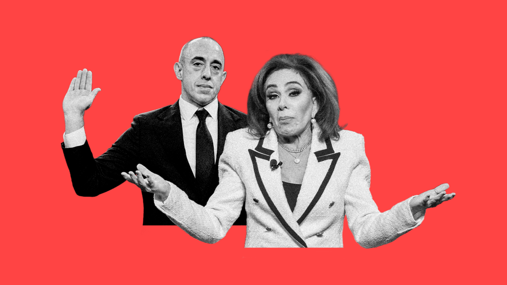 A photo collage of a man and a woman. The man, who is middle-aged with short hair and dressed in a black suit, is raising his right hand. The woman, in front of the man, is dressed in a white suit, has shoulder-length hair, and is raising her hands palms up with a slight shrug.