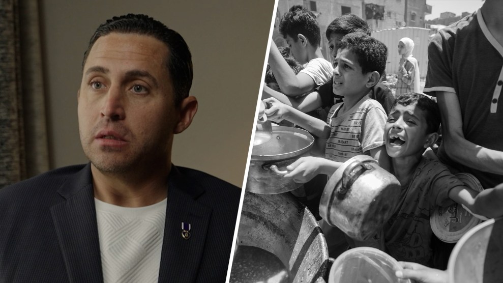 A side-by-side image shows a man in a suit jacket with a serious expression on the left, and on the right, a group of distressed children holding up cooking pots, with one child in the foreground crying.