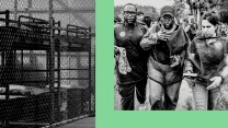 Collage featuring three state representatives wearing mosquito netting and walking alongside a detention center on the right; on the left is a view inside the detention center of bunk beds behind caged walls.