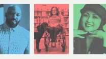 Photo collage featuring the a black man with a beard and shaved head, a bespectacled woman in a wheelchair, and a smiling woman in a hat.