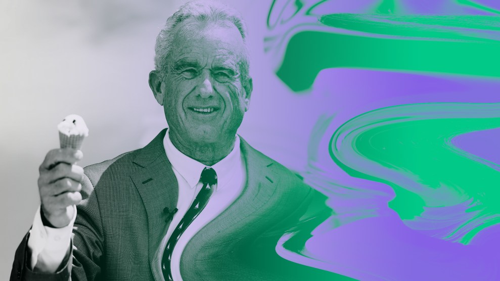 Photo illustration of Robert F. Kennedy Jr. holding up an ice cream cone— the right side of the photo is distorted and warped and colored in purple and green.