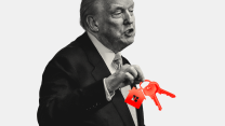 A photo illustration of Donald Trump holding a set of house keys. Trump is in black and the keys are red.