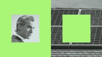 A composite image juxtaposes a black-and-white portrait of Governor Gavin Newsom with a photo of solar panels on a residential rooftop.