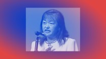 Treated portrait of Lily Tang Williams— a middle-aged Asian woman wearing professional attire and speaking into a microphone.