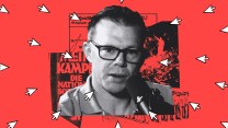 Photo collage featuring Darryl Cooper, a bespectacled middle aged man speaking into a podcast microphone; behind him are clippings of Nazi propaganda, images of prisoners in Buchenwald concentration camp, and a book burning in the Third Reich. Overlaid on top are various cursor arrows, which zoom in from the sides and all point toward Darryl at the center.