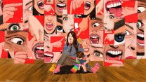 A woman sits on the floor as her child plays in front of her. Behind the woman are the enraged faces of various accusatory culture warriors and pseudoscientists. Disgusted with the voices, the woman squirts her child's bottle of milk over her shoulder at the angry faces.